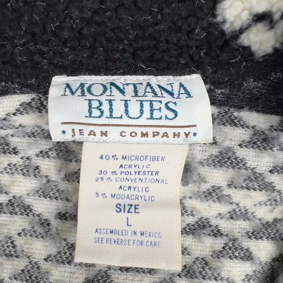 Moose Evergreen Fleece Jacket Size L Black Cream Fair Isle Nordic Print Collar - Picture 4 of 4